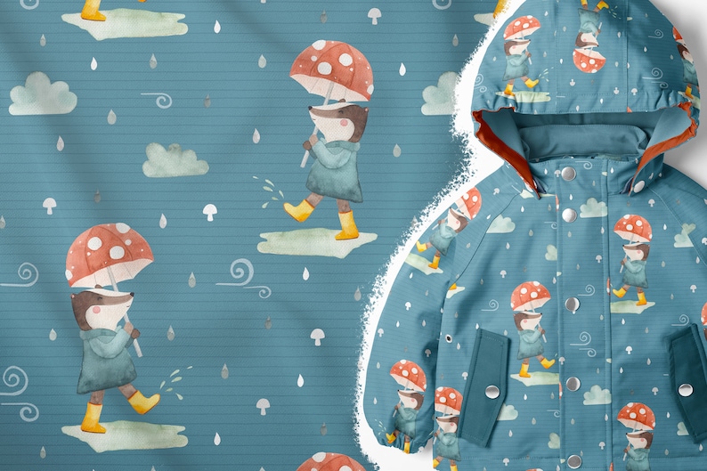 Puede incluir: Una gabardina azul para ni&ntilde;os con un patr&oacute;n repetido de un tej&oacute;n que lleva una gabardina azul y sostiene un paraguas de hongo rojo y blanco. La gabardina tiene una capucha y una cremallera.