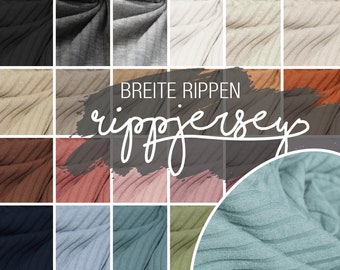 Op de afbeelding: Een verscheidenheid aan ribgebreide stoffen in verschillende kleuren, waaronder zwart, bruin, beige, grijs, roze, blauw en groen. De tekst "BREITE RIPPEN rippjersey" is over de afbeelding gelegd.