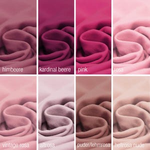 May include: Swatch card showing ten different shades of pink fabric. The shades range from a deep raspberry to a light nude. The fabric is a soft, knit material.