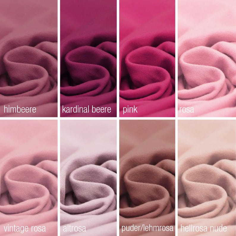 May include: Swatch card showing ten different shades of pink fabric. The shades range from a deep raspberry to a light nude. The fabric is a soft, knit material.