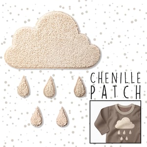 May include: Beige chenille cloud and raindrop patches. The patches are shown on a white background with gray dots. The text "CHENILLE PATCH" is shown in black letters. A brown long-sleeved shirt with a beige chenille cloud and raindrop patches is shown in the bottom right corner.