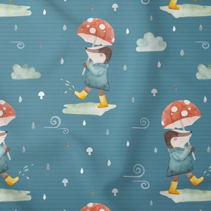 Puede incluir: Un patr&oacute;n sin costuras que presenta un tej&oacute;n de dibujos animados que lleva un impermeable azul y sostiene un paraguas de hongo rojo y blanco. El tej&oacute;n camina sobre un fondo a rayas azul y blanco con nubes blancas, gotas de lluvia y patrones de viento en espiral.