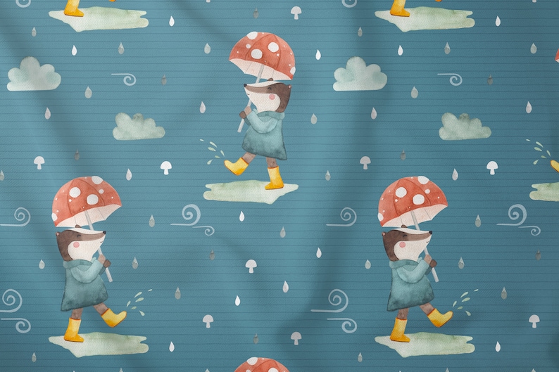 Puede incluir: Un patr&oacute;n sin costuras que presenta un tej&oacute;n de dibujos animados que lleva un impermeable azul y sostiene un paraguas de hongo rojo y blanco. El tej&oacute;n camina sobre un fondo a rayas azul y blanco con nubes blancas, gotas de lluvia y patrones de viento en espiral.