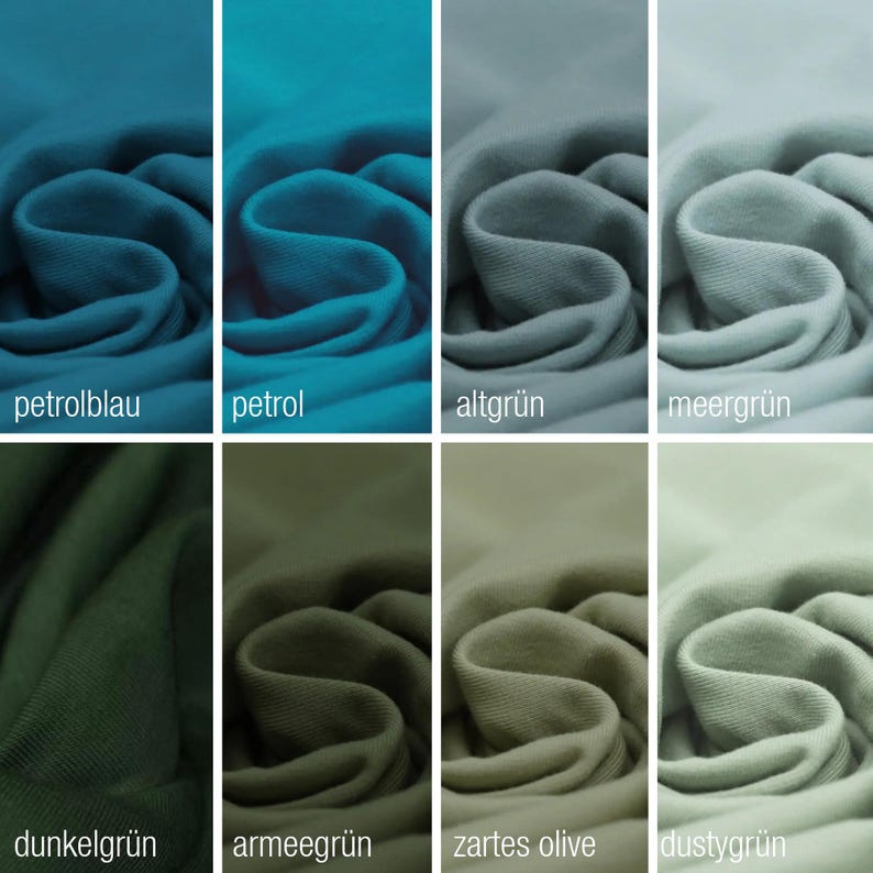 May include: A fabric swatch in ten different shades of blue and green, including petrol blue, petrol, olive green, and dusty green. The fabric is a soft, textured knit.