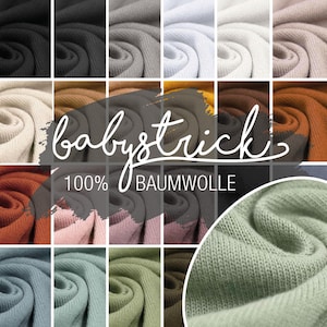 May include: A collection of 18 different colors of 100% cotton baby knit fabric. The fabric is soft and stretchy, making it perfect for baby clothes, blankets, and other projects. The fabric is shown in a variety of colors, including black, white, gray, brown, pink, blue, green, and yellow.