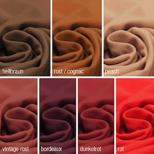 May include: Swatch cards showing different shades of brown and red fabric. The colors are labeled "hellbraun", "rost / cognac", "peach", "vintage rost", "bordeaux", "dunkelrot", and "rot".