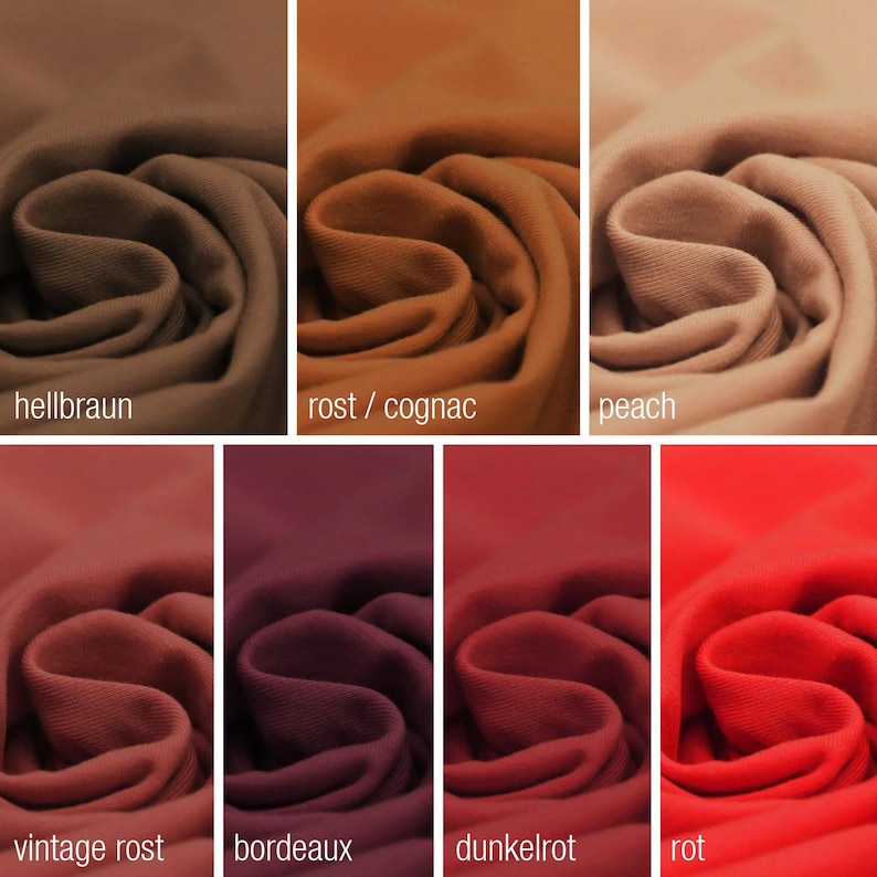 May include: Swatch cards showing different shades of brown and red fabric. The colors are labeled "hellbraun", "rost / cognac", "peach", "vintage rost", "bordeaux", "dunkelrot", and "rot".