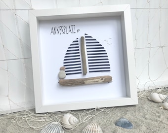 Maritime mural "anchor place" with driftwood, sea glass, maritime art object, maritime decoration, driftwood decoration