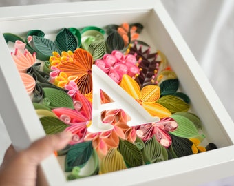 Letter floral design, Monogram gift, A letter, Your Initials,  Orange, Pink flowers, Home decor, Monogram Letter, Paper Quilling art, Framed