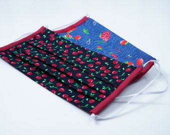 Face mask with filter compartment and nose wire - pattern with strawberries, cherries