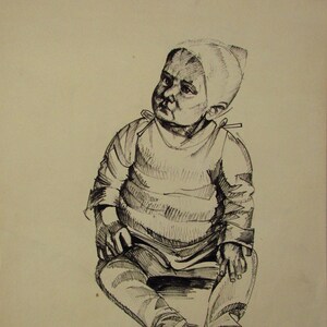May include: A pen and ink drawing of a seated baby wearing a striped shirt, pants, and a cap. The baby is looking up with a contemplative expression. The artwork is signed and dated 6/4/1973.