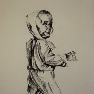 May include: Pen and ink drawing of a child in a hooded jumpsuit, walking to the right. The artwork is signed and dated 7/4/1973. The style is illustrative, with cross-hatching used to create shadows and depth.
