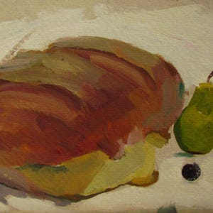 Still life with loaf pear apple, Apple oil art, Fruit painting, Pear oil art, Fruit still life, Fruits art, Kitchen painting, Food Art