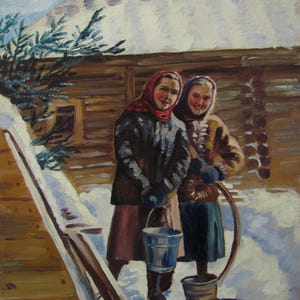 Retrato de niña, niña sonriente, dos mujeres, mujer ucraniana, retrato vintage, cabaña de madera
