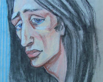 Sad man painting, Guy with blue eyes, A man with a cigarette,Man portrait,Vintage Male Portrait Drawing