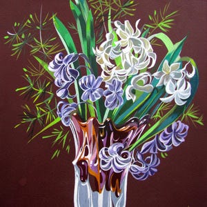 Pintura de flores en un jarrón, bodegón floral, arte floral morado, jacinto, flor azul primaveral, pintura de flores al gouache