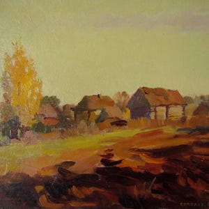 Pintura a óleo de outono, Pintura campestre, Paisagem noturna, Paisagem rural, Paisagem de outono, Árvore de outono, Pintura a óleo soviética, Arte de outono