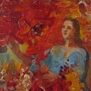 Pintura de niñas de las flores, retrato femenino, pintura femenina, pintura al óleo de flores naranjas