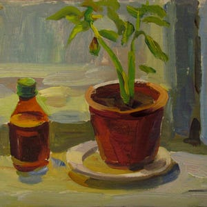 Natureza morta com garrafa e flor, Plantas de casa, Janela de inverno, Flores de varanda, Pintura a óleo de gerânio, Natureza morta com flores, Realismo socialista