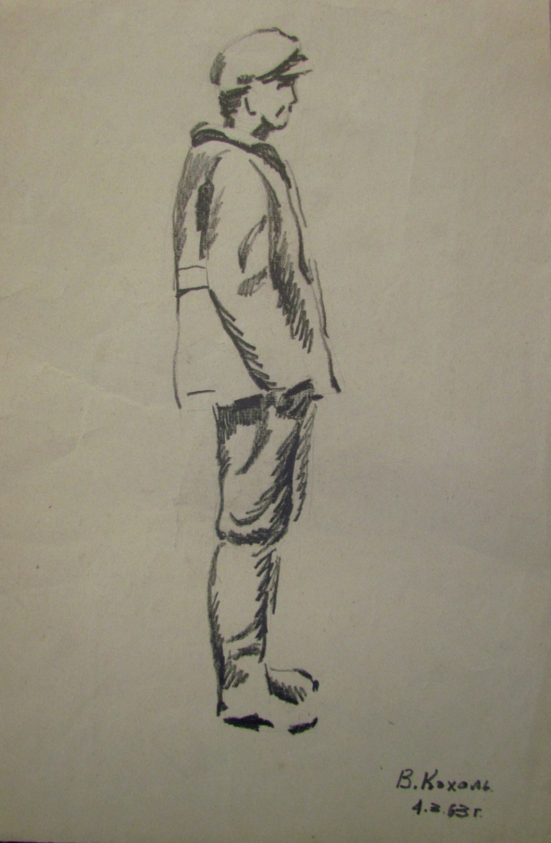 Illustration Original painting Unique artwork Minimalist Black /& White Drawing Soviet art Men Monochrome Hand drawn