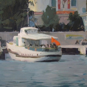 Pintura de yates, pintura marina, club náutico, yates en el río, velero, pintura oceánica, arte náutico, paisaje marino, paseo en barco, yate de lujo
