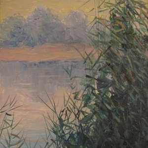 Mañana en el río, Paisaje fluvial, Obra de arte fluvial, Juncos en la orilla del río, Amanecer en el río