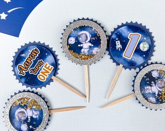 Space themed Cupcake toppers/First trip around the sun/Two the Moon/Shaker