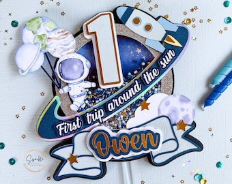 Space theme shaker cake topper/First trip around the sun/Two the moon