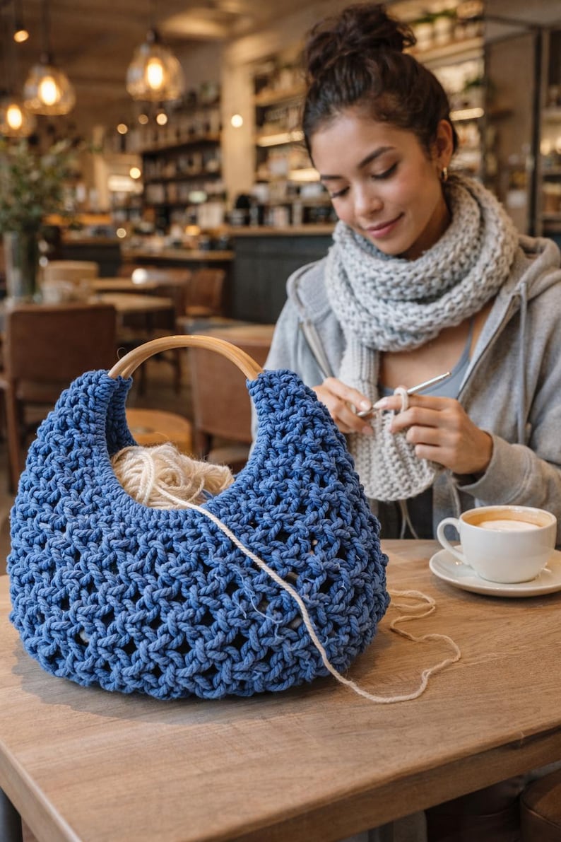 May include: A deep blue crochet handbag featuring a thick, knotted open-weave pattern and a rounded wooden handle. The bag contains a ball of light beige yarn, with a single strand extending outward from the interior of the blue textile structure.