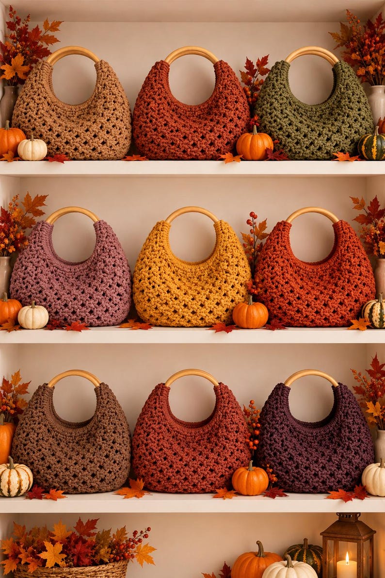 May include: Nine crocheted handbags with round wooden handles arranged on three shelves. The bags feature an open lattice stitch pattern and come in various colors including tan, red, olive green, mauve, yellow, orange, brown, and dark purple.