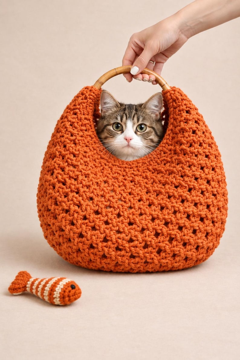 May include: A burnt orange crocheted pet carrier with a round bamboo handle. A brown and white tabby cat is positioned inside the carrier. A small, striped orange and white crocheted fish toy is placed on the floor in front of the carrier.