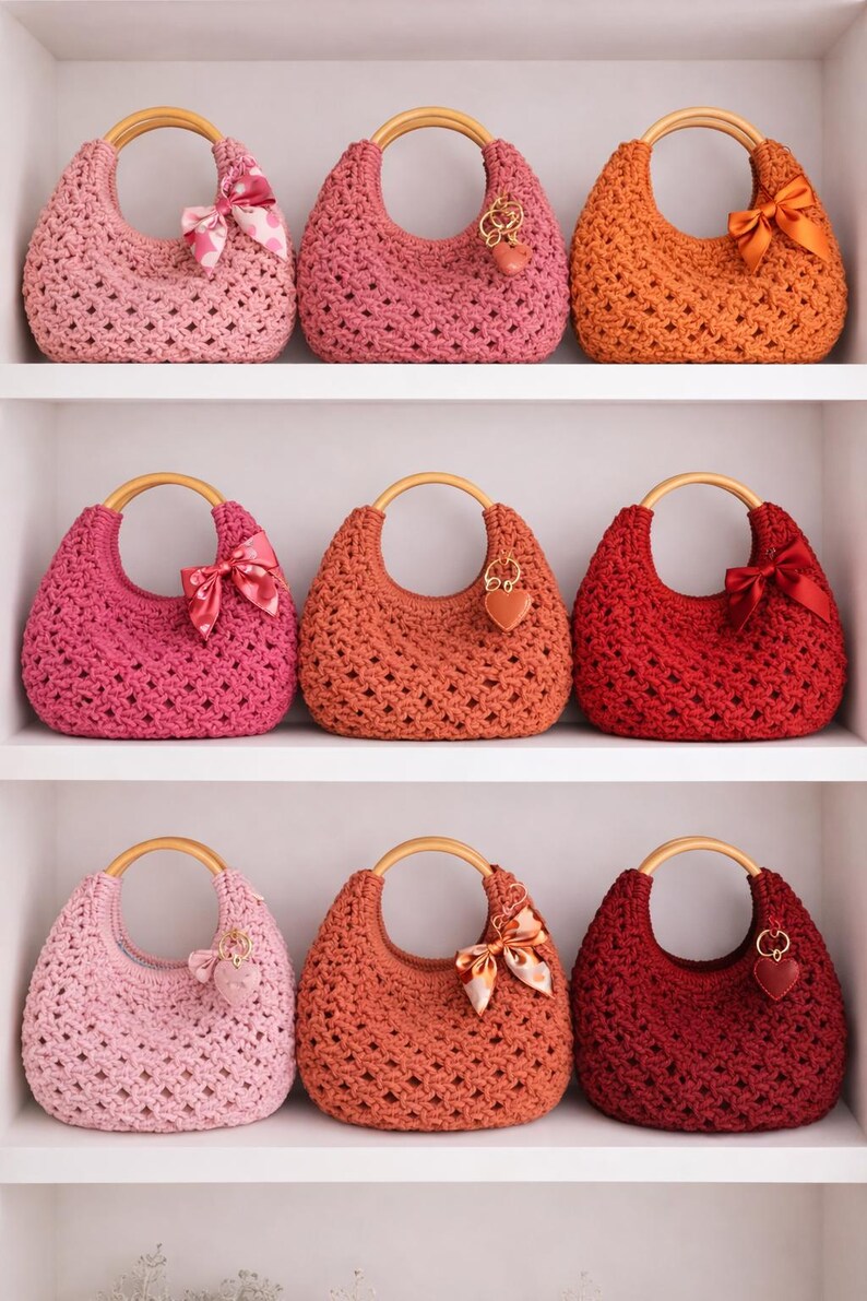 May include: Nine crescent-shaped crochet handbags arranged on three shelves. Each bag features a round wooden handle and a textured open-weave pattern in various shades of pink, orange, and red, accented with small satin bows or heart charms.