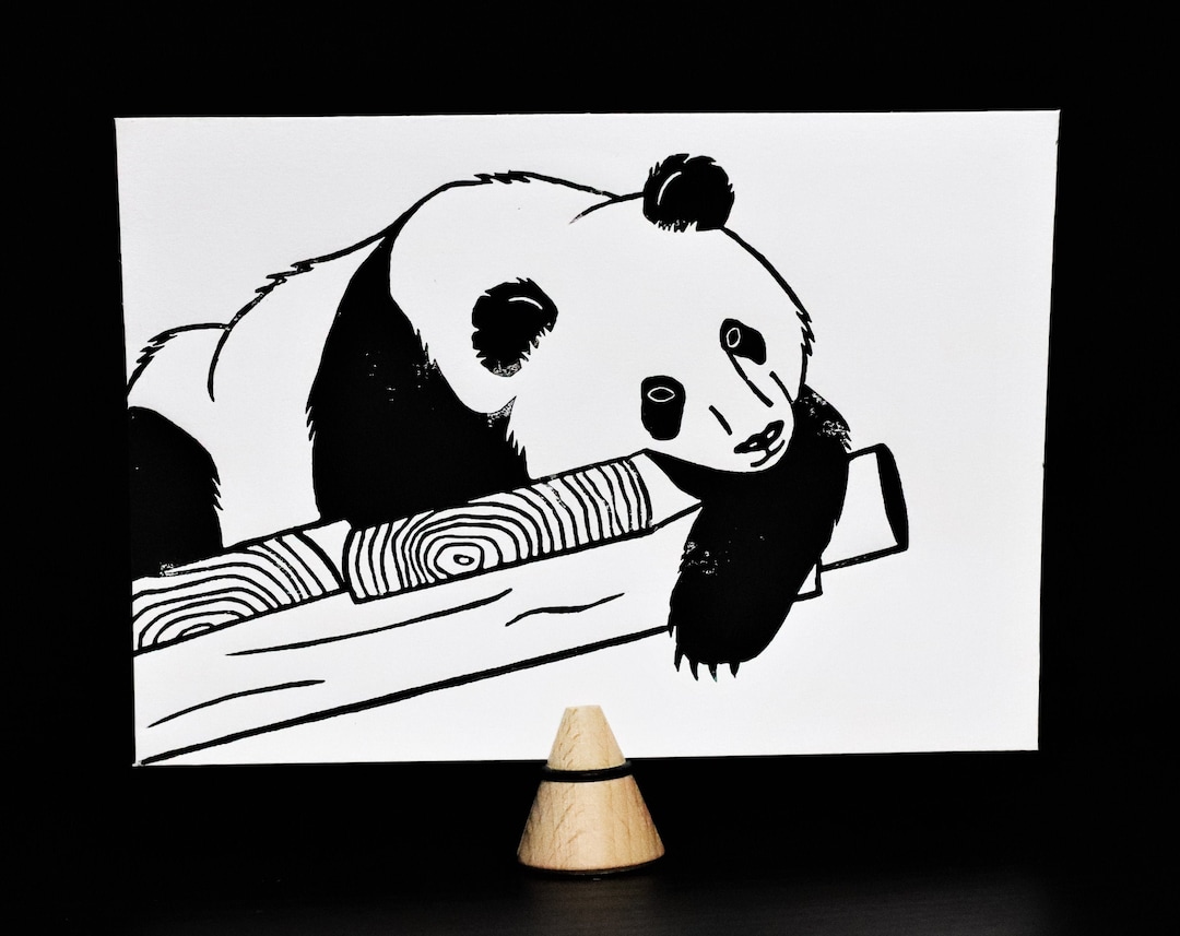 Linocut Panda A5 Recycled Paper Hand Print Etsy