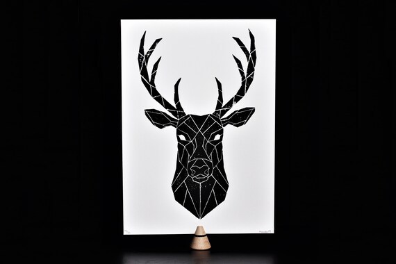 Linogravure Cerf Geometrique Papier Recycle Impression Etsy Norway