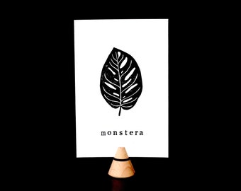 Carte linogravure feuille de Monstera Adansonii - Carte plante - Papier recyclé - Impression à la main