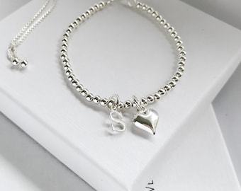 Sterling Silver Heart Bracelet - Initial Heart Bracelet- Charm  Bracelet