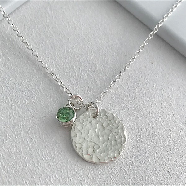 August Birthstone Necklace - Birthstone Necklace - Peridot Necklace - Hammered Silver Necklace - Birthday Gift - Disc Necklace -Gift for Her