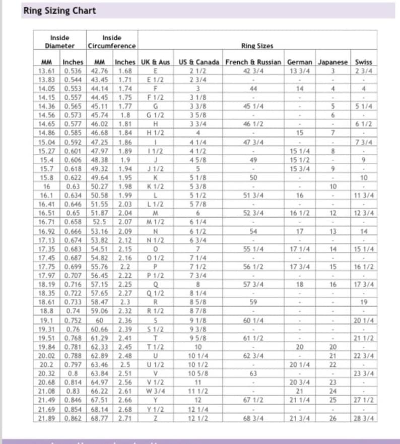 May include: A ring sizing chart with measurements in millimetres and inches, along with corresponding ring sizes in UK, US, French, German, Japanese, and Swiss sizing systems.