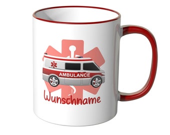 JUNIWORDS Tasse mit Wunschname "Krankenwagen Motiv 2" - 100 % Made in Germany