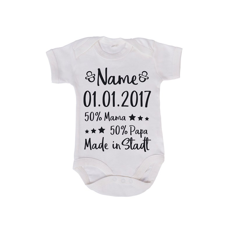 JUNIWORDS Babybody Name und Datum Blau Rosa Weiß Schwarz 100 % Made in Germany Bild 1