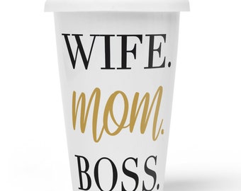 JUNIWORDS To-Go mug with lid "Wife. Mom. Boss" - 100% Made in Germany