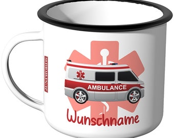 JUNIWORDS Emaille Tasse mit Wunschname "Krankenwagen" - 100 % Made in Germany