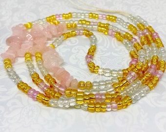 Rose Quartz waist bead/African waist beads/ tummy waistlet/ cute pink waist beads/ crystal waist beads/ gold and white waist beads