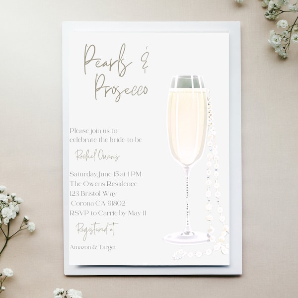 Bridal Shower Invitation Pearls and Prosecco Theme Bridal Shower Invitation Customizable Digital Download