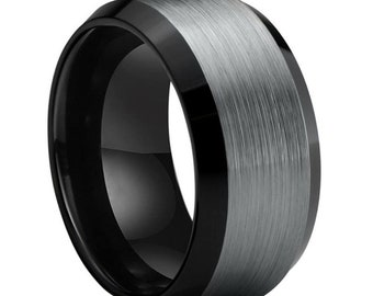 Black Brushed Beveled Tungsten Carbide Ring | 10mm