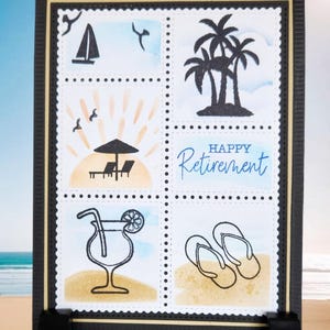 May include: A black and gold framed card with a beach-themed design. The card features illustrations of a sailboat, palm trees, a cocktail, and flip-flops. The words "Happy Retirement" are written in blue.