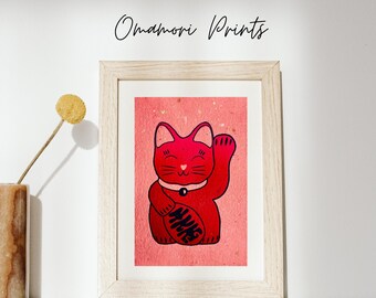 Winke Katze Linoldruck | Japanisches Wandbild 15 x 21 cm | Maneki-Neko Glücksbringer Print | Japanfans Anime Manga Geschenk