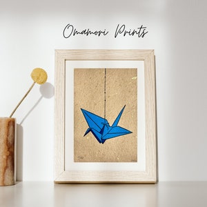 Grue en origami linogravure bleue | linogravure détaillée 17 x 23 cm | papier fait main | Grue japonaise | petite idée cadeau