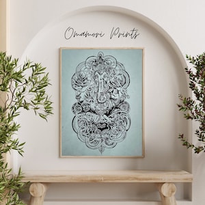 Stampa linoleografica di Ganesha | Dio elefante indiano | Carta Himalaya blu | stampa fatta a mano | spedizione in tutto il mondo | idea regalo speciale