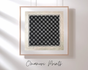 Japanischer Linoldruck Shippo | Schwarz auf Lokta Papier | Kanji Print | Linolschnitt 21 x 21 cm | minimalistisches Wandbild | Geschenkidee